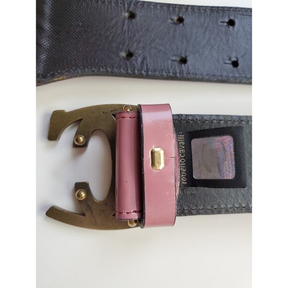 Just Cavalli Womens Adjustable Waist Belt Pink Orange Striped Logo Buckle S